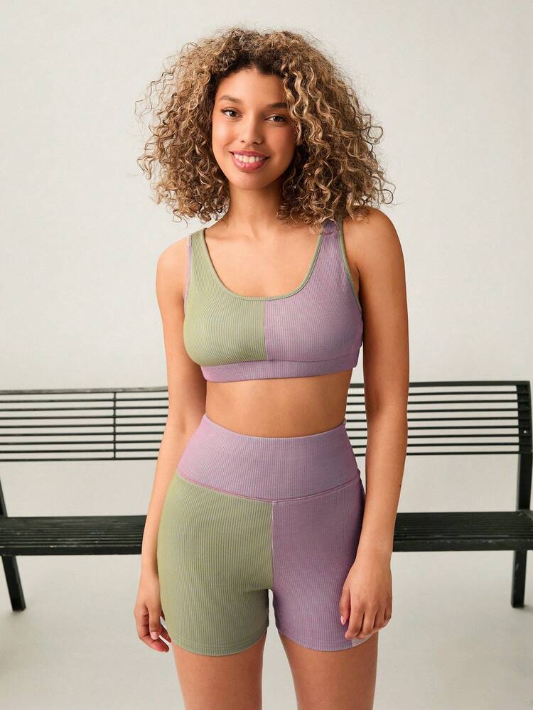 Women Summer Pink And Green Contrast Color Crop Top And Shorts Set, Slim Fit