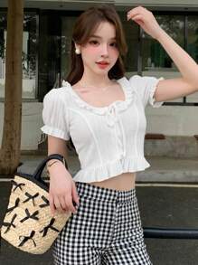 DAZY Women Summer Slim Fit Short Puff Sleeve T-Shirt With Ruffle Hem Round Neck - Beige - View 1