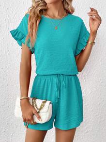 SHEIN Essnce Women Short Sleeve Top & Elastic Waist Shorts Set, 2pcs - Cadet Blue - View 3