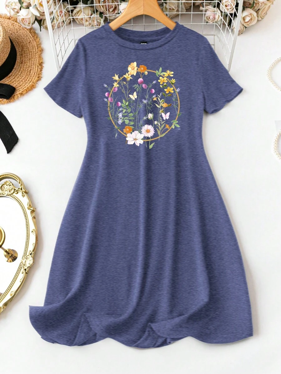 SHEIN LUNE Đầm Bodycon tay ngắn họa tiết hoa đơn giản cỡ lớn cho nữ mùa hè - Màu xanh bụi bặm - Xem 1