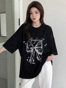 DAZY Women Summer Loose Casual T-Shirt With Slogan, Bowknot Print And Drop-Shoulder Sleeves Graphic Tee Oversized T-Shirt