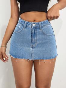 SHEIN EZwear Women Patchwork Frayed Hem Short Denim Skirt - Light Wash - View 4