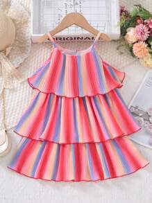SHEIN Vestido de Verão Fascinante de Camisola Sem Mangas, Colorido com Plissado Soltinho de Camadas para Jovens Meninas Fashionistas
