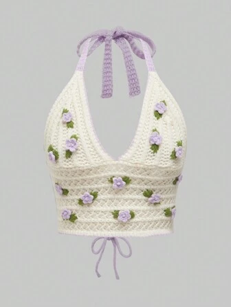 Kawaii Parte superior de mujer tejida a ganchillo con escote halter, bordado de flor 3D, calada, para la escuela
