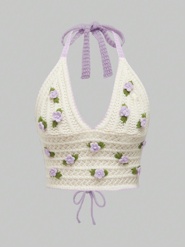 ROMWE Kawaii Women Halter Crochet Knitted Top With 3D Flower Embroidery, Hollow Out, School