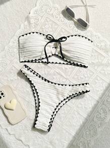 SHEIN Swim Mod Women Vacation Striped Edge Front Tie Hollow Out Bandeau Simple Chic Bikini Set,Summer Beach