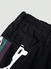 SHEIN Jeans casuales de mezclilla negra para adolescentes con estilo de patrón de rayos impresos en agua y lavado recto con piernas holgadas