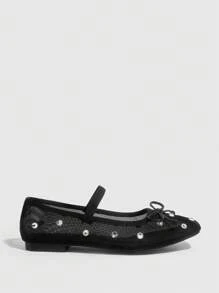 CUCCOO DOLLMOD Fashionable Apricot Mesh Rhinestone Bowknot Ballet Flats For Women Sorceress Spring Shoes Spring Break Easter For Christmas Spring Shoes - Black - View 4