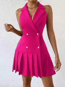 RosyDaze Women Summer Solid Color V-Neck Sleeveless Double-Breasted Elegant Dress With Pleated Hem