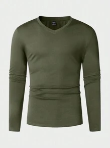 Manfinity Homme Men Spring/Summer Solid Color V-Neck Long Sleeve Casual T-Shirt, Fall - Army Green - View 3