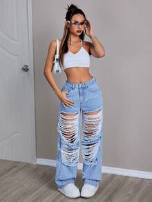 SHEIN ICON Quần jean denim rách rách có túi cho nữ - Rửa trung bình - Xem 5