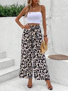 SHEIN Frenchy Women Belted Printed Loose Vacation Style Wide Leg Leopard   Pants Winter Casual - Multicolor - View 3