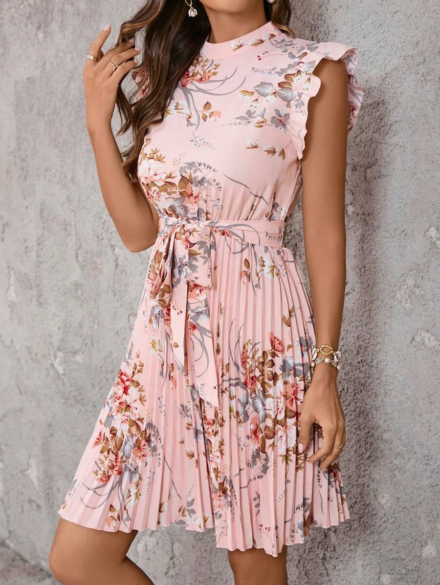 SHEIN Clasi Women Elegant Floral Print Ruffle Hem Pleated Dress For Summer,Pastel Dresses For Women