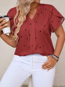 SHEIN LUNE Women's Plus Size Fashionable Heart Printed Ruffle Sleeve Summer Blouse - Red - View 3