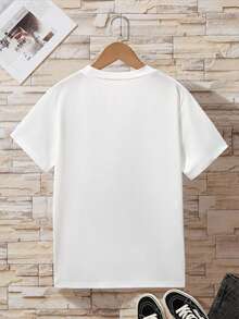 SHEIN Áo thun Tween Boy mùa hè hoạt hình in hình gấu cổ tròn tay ngắn - trắng - Xem 2