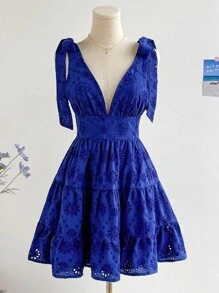 Soleia WYWH女裝休閒度假刺繡空紋A字裙，綁帶肩帶 - 藍色 - 查看 3