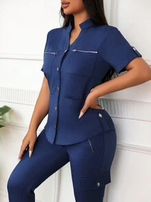 Bộ đồng phục y tá cổ chữ V dành cho nữ có dây kéo - Màu xanh hải quân - Xem 6