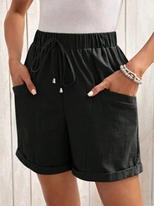 EMERY ROSE Quần short nữ mùa hè lưng thun trơn dáng rộng vừa vặn - màu đen - Xem 6