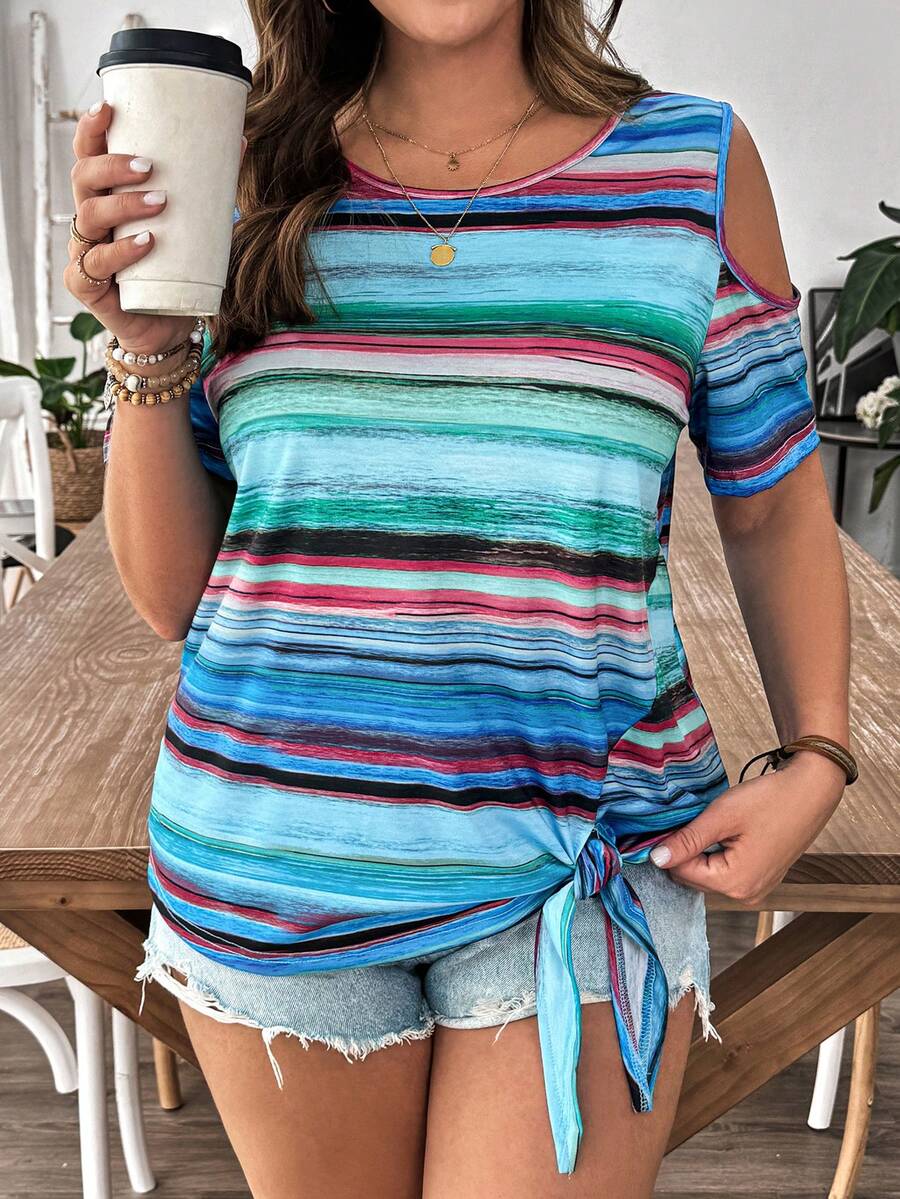 SHEIN LUNE 女性加大尺碼露肩短袖彩色條紋和印花休閒寬鬆T卹，適用於夏季 - 薄荷藍 - 查看 1