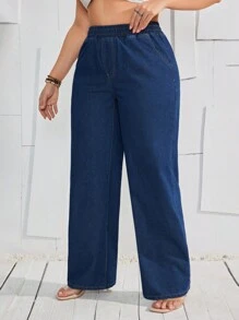 SHEIN VCAY Jeans casuales de pierna recta para el día a día, talla grande con cintura elástica de Coolmax