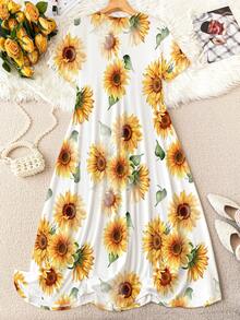 SHEIN LUNE 大尺碼女士休閒花菊花全身印花長裙 - 彩色 - 查看 2