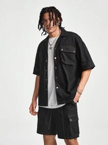 Manfinity VCAY Men Summer Solid Color Pocket Short-Sleeved Casual Shirt And Loose Shorts Set - Black - View 4