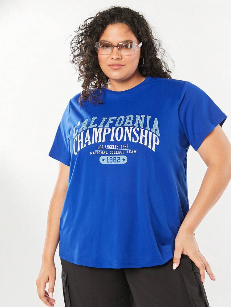 Summer Vintage Plus Size Women College Short Sleeves T-Shirt With Letter Print Round Neck