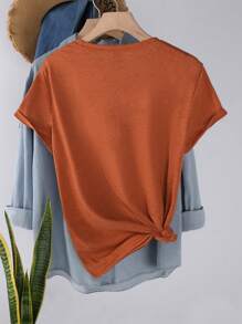 INAWLY 女式夏季月亮和花朵图案短袖 T 恤，休闲图案 T 恤女式上衣 - 亮橙色 - 查看 2