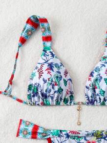 SHEIN Swim 夏季海灘女士隨機印花比基尼套裝 - 彩色 - 查看 4