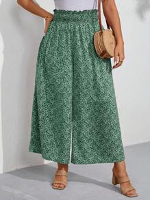 SHEIN LUNE Plus Size Women Resort Style High Waisted Wide Leg Printed Pants With Drawstring Waist - Dark Green - View 1