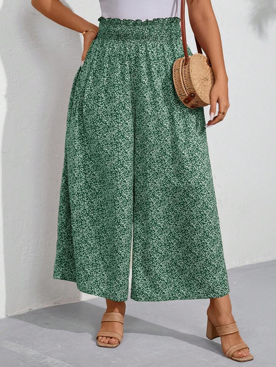SHEIN LUNE Plus Size Women Resort Style High Waisted Wide Leg Printed Pants With Drawstring Waist - Dark Green - View 1