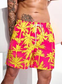 Arcluno Hombres Suelto Bermudas de Playa con impresión de Palmeras en la Cintura con cordón para vacación (patrón de corte aleatorio) - Multicolor - Ver 5