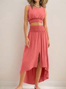 SHEIN Essnce Women Casual And Cool Breathable Hollow Out Mesh Tank Top And Split Skirt Two-Piece Set For Summer