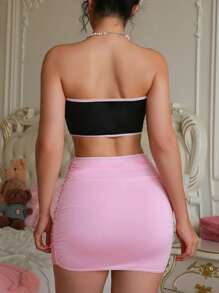 PetitDoll Vestido de lencería ajustado con fruncidos sin tirantes y moño, con tanga de espalda en T, conjunto de 2 piezas