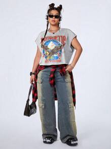 SHEIN EZwear CURVE 女士加大尺碼夏季休閒老鷹和字母紋理蝙蝠袖T恤 - 淺灰色 - 查看 6