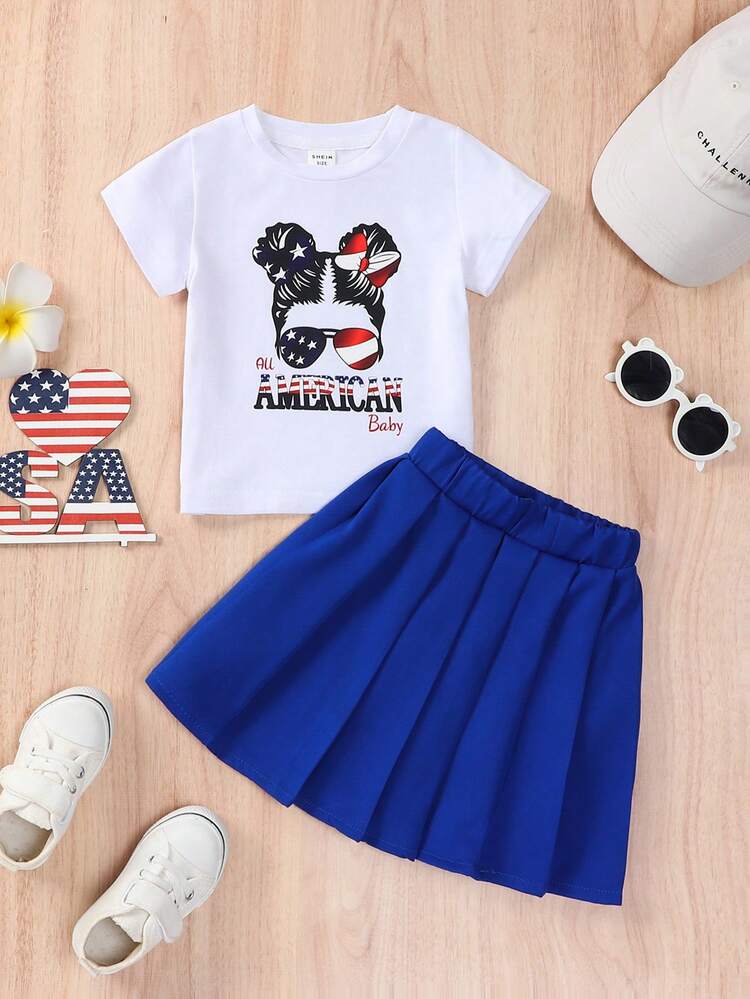 White Family Matching T-Shirt Set With Letter Logo And Blue Pleated Skirt For Baby Girl (5 Pieces Sold Separately)
