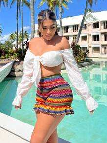 SHEIN SXY Colorido Shorts de crochet con dobladillo con volantes perfectos para vacaciones y atuendo de verano informal y atractivo para mujeres en la playa con estilo bohemio y colorido