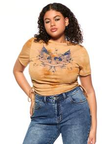 Forever 21 Summer Y2K Punk Pattern Music Festival Plus Size Women T-Shirt - Yellow - View 4