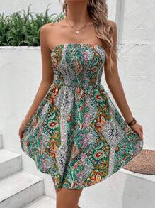 SHEIN VCAY Váy ống hở vai mùa hè in họa tiết toàn thân, váy ống họa tiết Paisley cho kỳ nghỉ hè - màu xanh lá - Xem 4