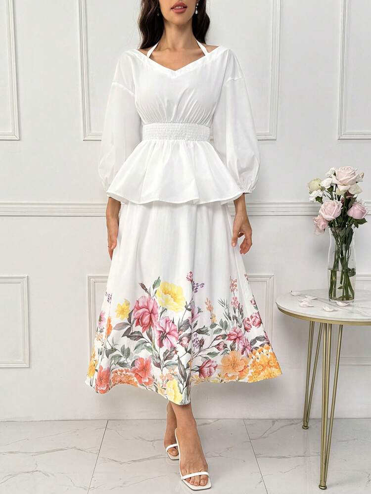 Solid Color Lantern Sleeve Waist Cinched Frill Hem Top And Floral Printed Skirt 2 Pieces Set