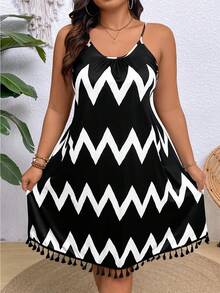 SHEIN LUNE 大尺碼度假休閒流蘇色塊魚骨紋無袖連衣裙 - 黑與白 - 查看 3