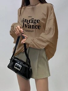 DAZY Women Spring/Summer Oversized Short Sleeve Round Neck Casual T-Shirt With Slogan Print - Khaki - View 3