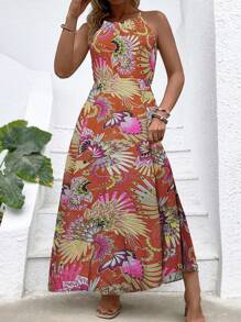SHEIN Clasi 大碼假日休閒全印花細肩帶連身裙，背心式設計，附帶腰帶 - 卡其色 - 查看 4