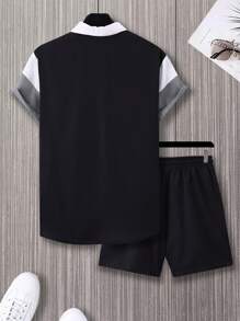 Manfinity Homme 男士夏季休閒字母印花彩色拼接短袖襯衫和短褲套裝