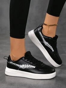 Giày thể thao thường ngày Colorblock dành cho nữ, Giày trượt đế mềm buộc dây, Giày đi bộ thoải mái cổ thấp - màu đen - Xem 1