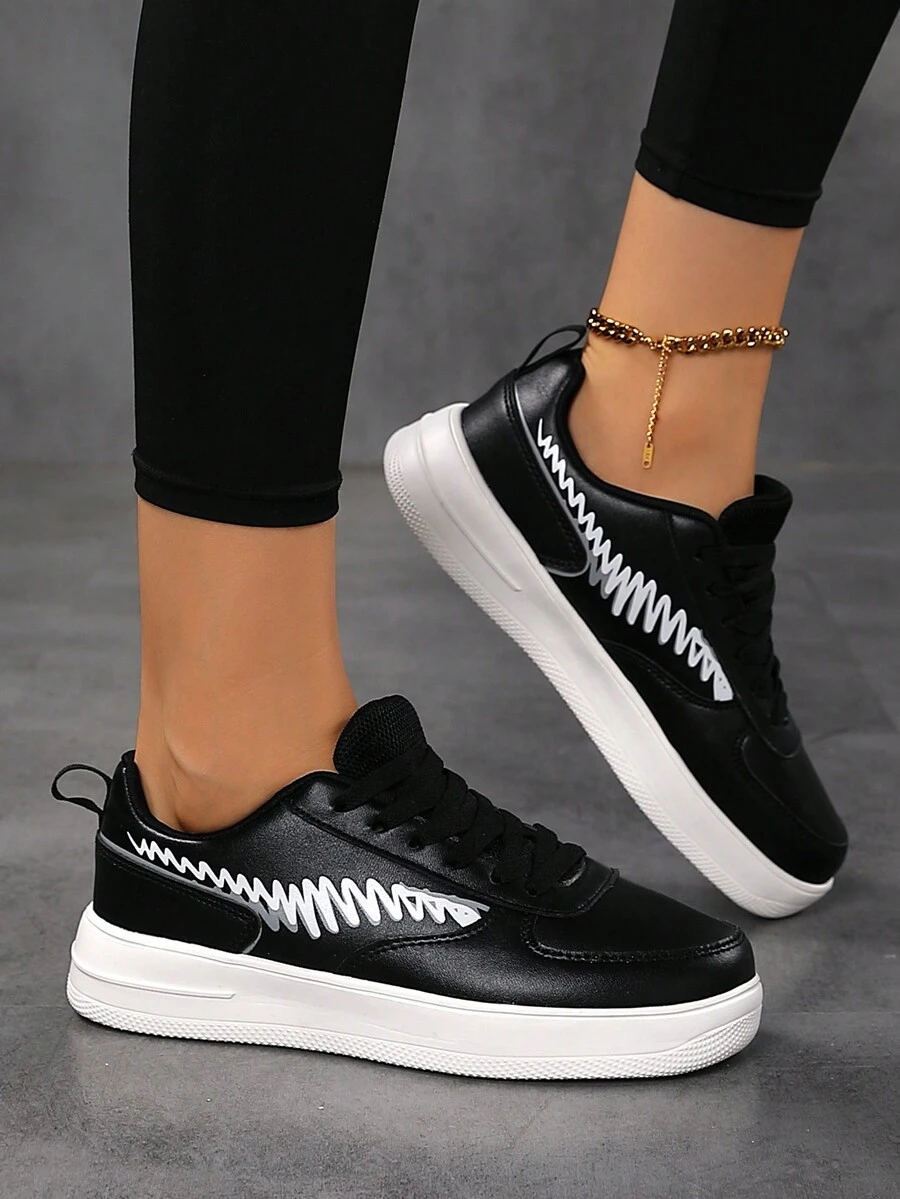 Giày thể thao thường ngày Colorblock dành cho nữ, Giày trượt đế mềm buộc dây, Giày đi bộ thoải mái cổ thấp - màu đen - Xem 1