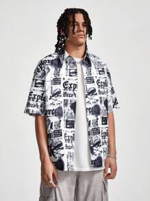 Manfinity NXTstreet Chemise décontractée d'été pour homme à manches courtes et ample avec imprimés de slogan - Noir et Blanc - Voir 1