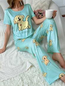 女士卡通小狗圖案圓領短袖T恤和褲子睡衣套裝 - 綠色 - 查看 6