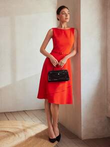 MOTF Classy SOLID FLOWY HEM BUCKLE BELTED DRESS,SUMMER OUTFITS - Red - View 6