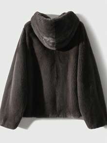 Women Plain Minimalist Hooded Fleece Jacket - Grey - View 2